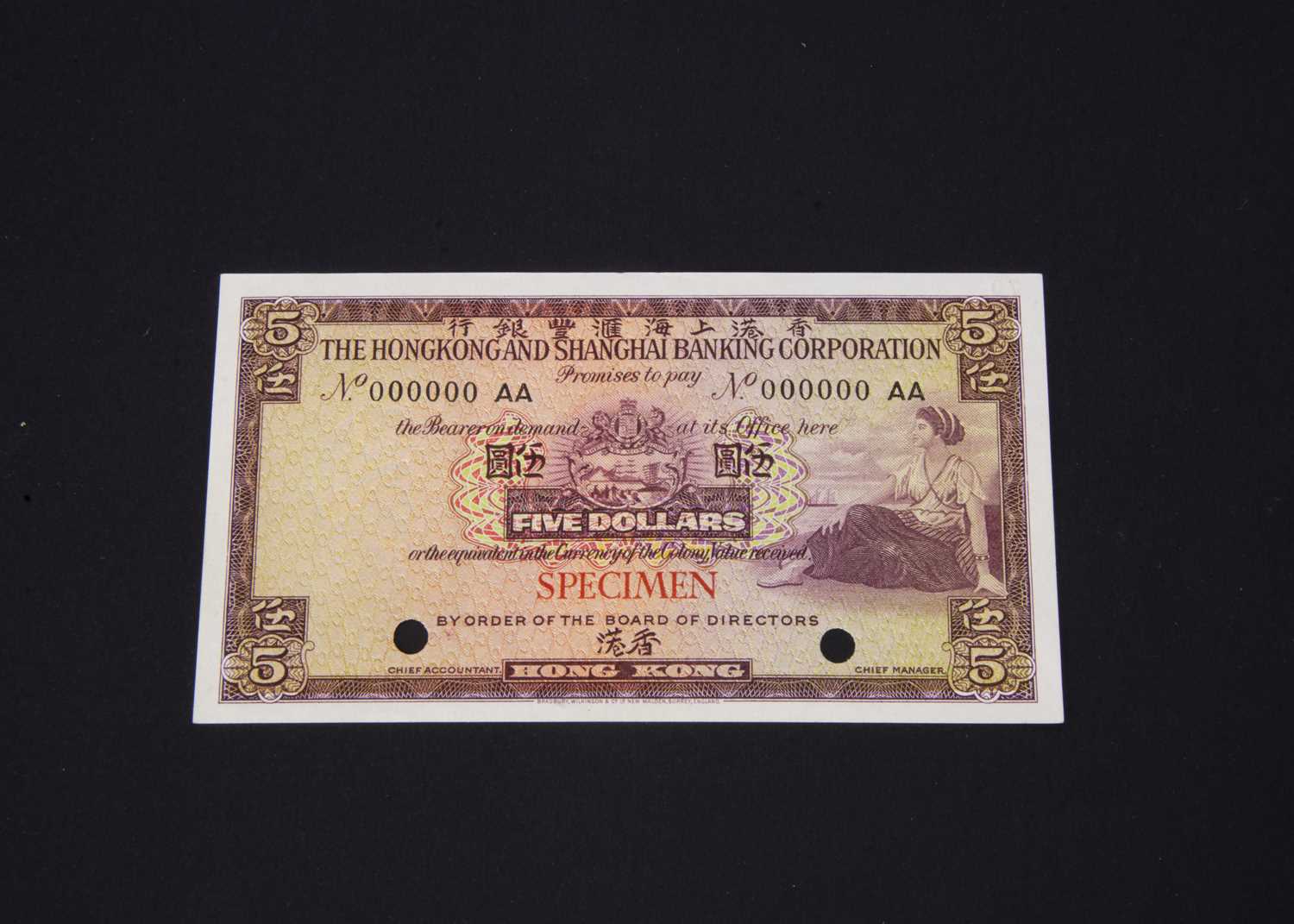 Lot 357 - A Hong Kong and  Shanghai Bank specimen 5 Dollars bank note