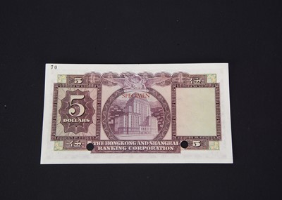 Lot 357 - A Hong Kong and  Shanghai Bank specimen 5 Dollars bank note