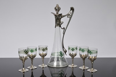 Lot 1 - A fine Art Nouveau period and later WMF glass and pewter claret jug and six wine glasses