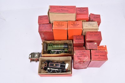 Lot 197 - Hornby 0 Gauge clockwork post-war Tank and Tender Locomotives Goods and Passenger Rolling Stock Track and Accessories