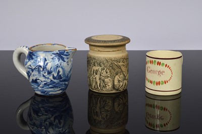 Lot 118 - An 18th century creamware pottery Christening mug and two other items
