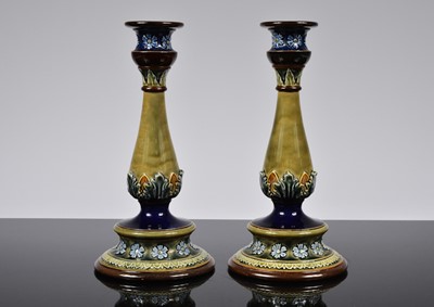 Lot 126 - A pair of Victorian Doulton Lambeth stoneware candlesticks
