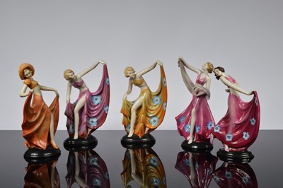 Lot 175 - A collection of five continental ceramic Art Deco style dancing lady figurines