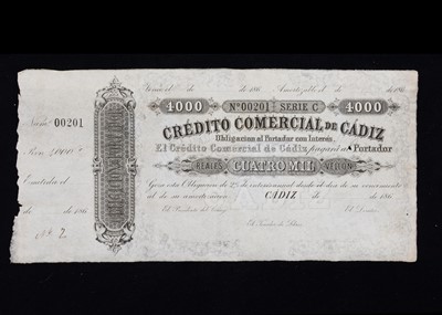 Lot 224 - An 1860s Credito Commercial De Cadiz banker's bond cheque