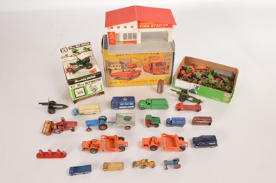Lot 221 - Britains Matchbox Corgi and other vehicles and plastic soldiers (qty in 1 box)