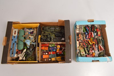 Lot 257 - Collection of play worn Dinky Corgi and Matchbox and various other makers models in including Civilian Army Aircraft and Boats (90+)