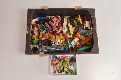 Lot 261 - Assorted play worn Diecast vehicles of the Superfast era (40+) with Super Hero plastic figures (6)