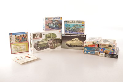 Lot 350 - Collection of mainly 1/35 and 1/72and 1/76 WWII plastic construction armoured Vehicle kits by Tamiya Airfix Fijima and others (14)