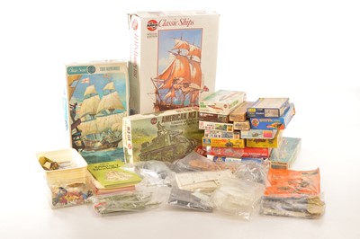 Lot 358 - Large collection of plastic kits by various manufacturers mostly started or loose off spues in boxes with many in bags and various spares including Airfix Italeri Fujima JB Heller (large qty)
