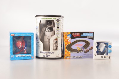 Lot 412 - Modern unused boxed electrically controlled Toys including EDG Dog Robot and Program A-Bot Robot and  Sonic The hedgehog Racing Set together with a Spider Man figure (4)
