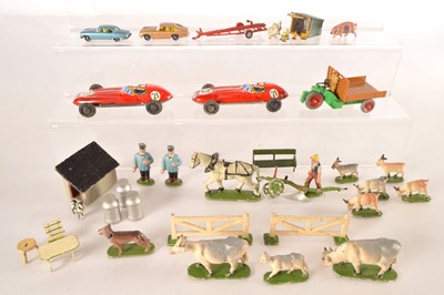 Lot 448 - Wendal and Britains Farm Animals and Accessories Tin Toy Racing Cars Dinky Motor Cart Dolls House Furniture and Husky Cars (40)