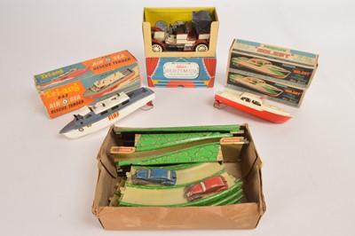 Lot 449 - Tri-ang and Penguin boxed clockwork Boats and Schuco boxed Mercedes Old Timer and unboxed Marx Speedway set (qty)