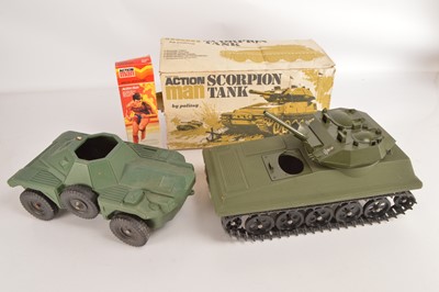 Lot 452 - Palitoy boxed Special Operations Action Man with unattached head  and Scorpion Tank and unboxed Irwin Armoured Car (3)