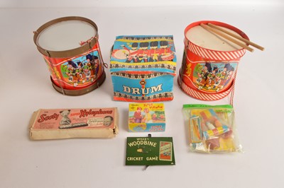 Lot 469 - Three Chad Valley Toy Drums, Sooty Xylophone  Woodbine Cricket game and various Plastic Toys (8)