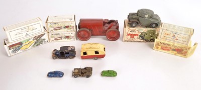Lot 486 - Tri-ang Minic mostly tinplate clockwork Vehicles various scales and misc repro boxes (13)