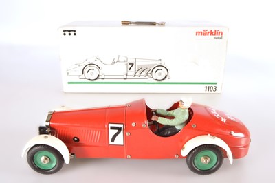 Lot 492 - Marklin 1103 boxed re-issue (1995) constructor type tin clockwork Mercedes Benz SSK racing Car in red with  white running-boards and green radiator