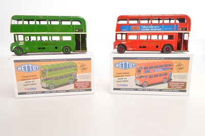 Lot 494 - Mettoy boxed modern issue London Transport LT red and London Country  Green clockwork Routemaster Double Deck buses (2)