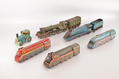 Lot 511 - Japanese and Chinese battery operated American style Floor Streamline Trains and Far East metal models of Flying Scotsman and Mallard and Kovap clockwork Steam Roller (6)