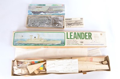 Lot 542 - PBM Balsa wood  1/150 scale Leander Class Frigate unmade kit and Tamiya 1/700 Hornet unmade plastic Kit (2)