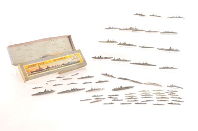 Lot 557 - Large collection of Dinky Toys Pre-war 1/1800 scale waterline models including No 50 Ships of the Navy boxed set and loose Navy Vessels (Set + 50 vessels)