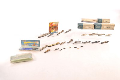 Lot 573 - Miscellaneous metal and plastic Waterline Merchant and Naval vessels by Wiking Herpa Corgi Blue Box (Copies of Tri-ang) Pilot and various unbranded lead Cargo ships (30+)