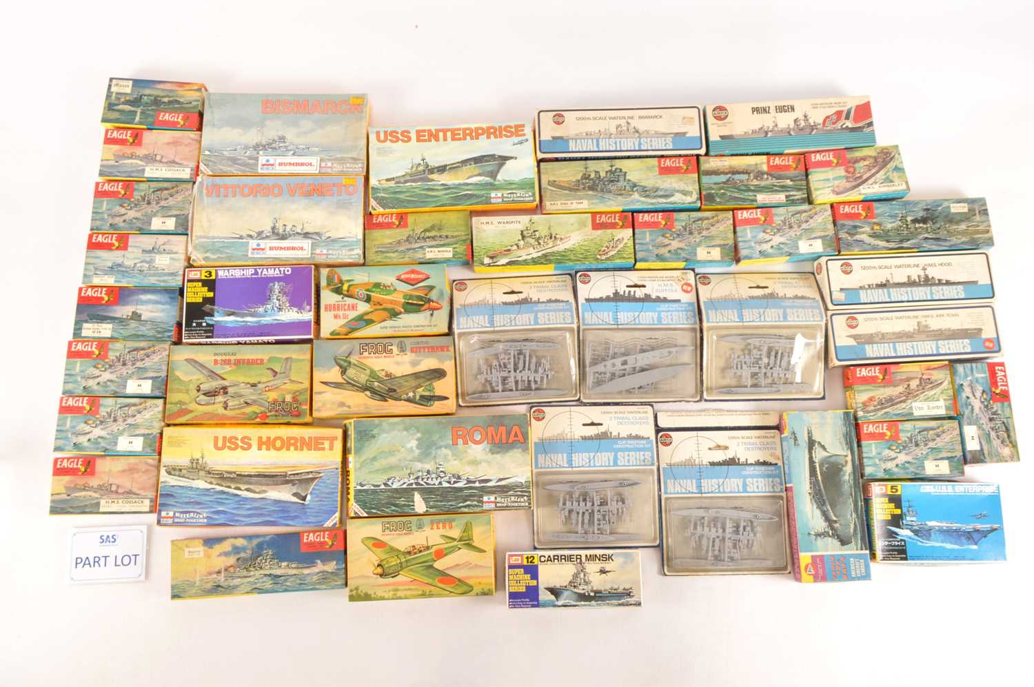 Lot 578 - Various 1/1200 scale Waterline plastic ship kits by various makers including Airfix Esci Eagle and large collection of  Eagle empty Ship kit and Frog plane kit empty boxes (55+)