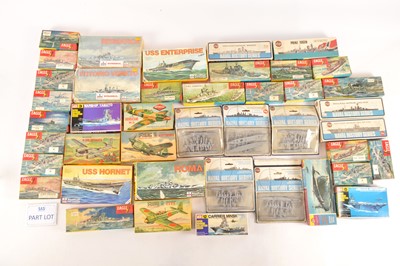 Lot 578 - Various 1/1200 scale Waterline plastic ship kits by various makers including Airfix Esci Eagle and large collection of  Eagle empty Ship kit and Frog plane kit empty boxes (55+)