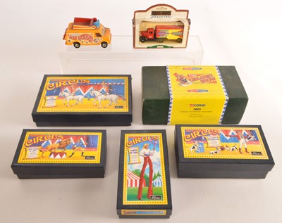 Lot 594 - Four Britains Circus Performers and Corgi and Days Gone Circus Vehicles (7)