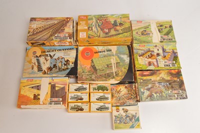 Lot 623 - Airfix boxed 00 Gauge WW1 and 11 Figures ready made WW11 Army Vehicles and snap together Dioramas and Roman and Saharan Forts and 1/32 scale Bamboo House Outpost and Strongpoints (18)
