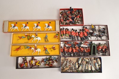 Lot 734 - Hollowcast lead figures by various makers including John Hill and Crescent Toys comprising Taylor & Barrett Grenadier Guards at attention (22) with a sentry box