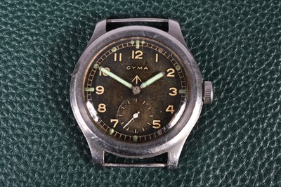 Lot 250 - A WWII period Cyma manual wind military issue "Dirty Dozen" stainless steel wristwatch case front and movement