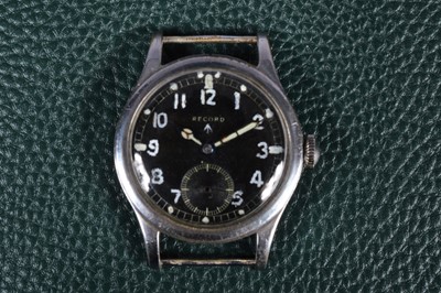 Lot 252 - A WWII period Record manual wind military issue "Dirty Dozen" chromed wristwatch head