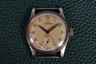 Lot 255 - A mid 20th century Vertex manual wind military issue stainless steel wristwatch head