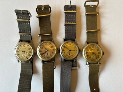Lot 266 - Four mid 20th century and later Moeris manual wind military chromed wristwatches
