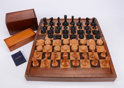 Lot 139 - A  late 19th century Jaques and Son Staunton large Chessmen and folding wooden chess board