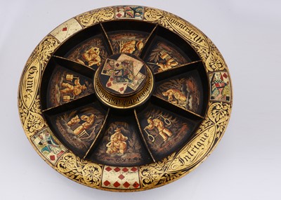 Lot 332 - An 19th century Chinoiserie papier-mâché Pope Joan revolving wheel
