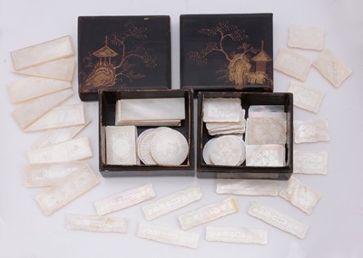 Lot 338 - Two 19th century Chinese lacquer boxes containing mother of pearl gaming counters