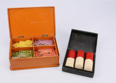 Lot 345 - An 19th century orange papier-mâché box with bone gaming chips