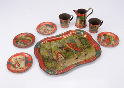 Lot 445 - An early 20th century German lithographed tinplate Little Red Riding Hood toy part tea set