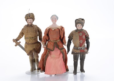 Lot 503 - Three dolls’ house medieval bisque shoulder-head dolls