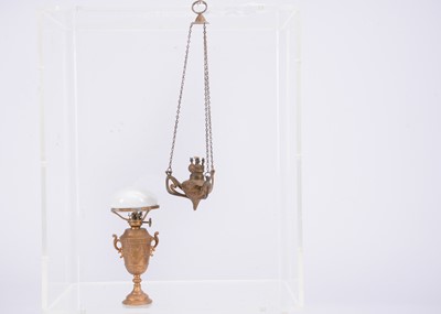 Lot 550 - Two German cast-metal larger scale dolls’ house oil-lamps