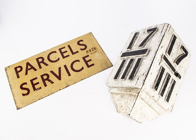 Lot 663 - GWR Wooden Mileage Marker and Painted Metal Sign Parcels Service