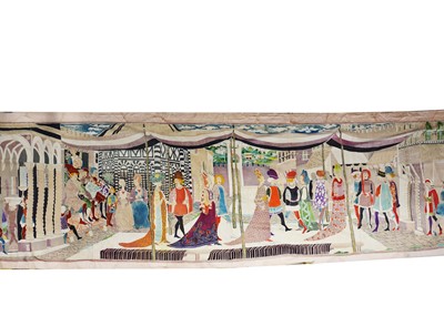 Lot 710 - A hand painted skill banner of  a medieval court scene