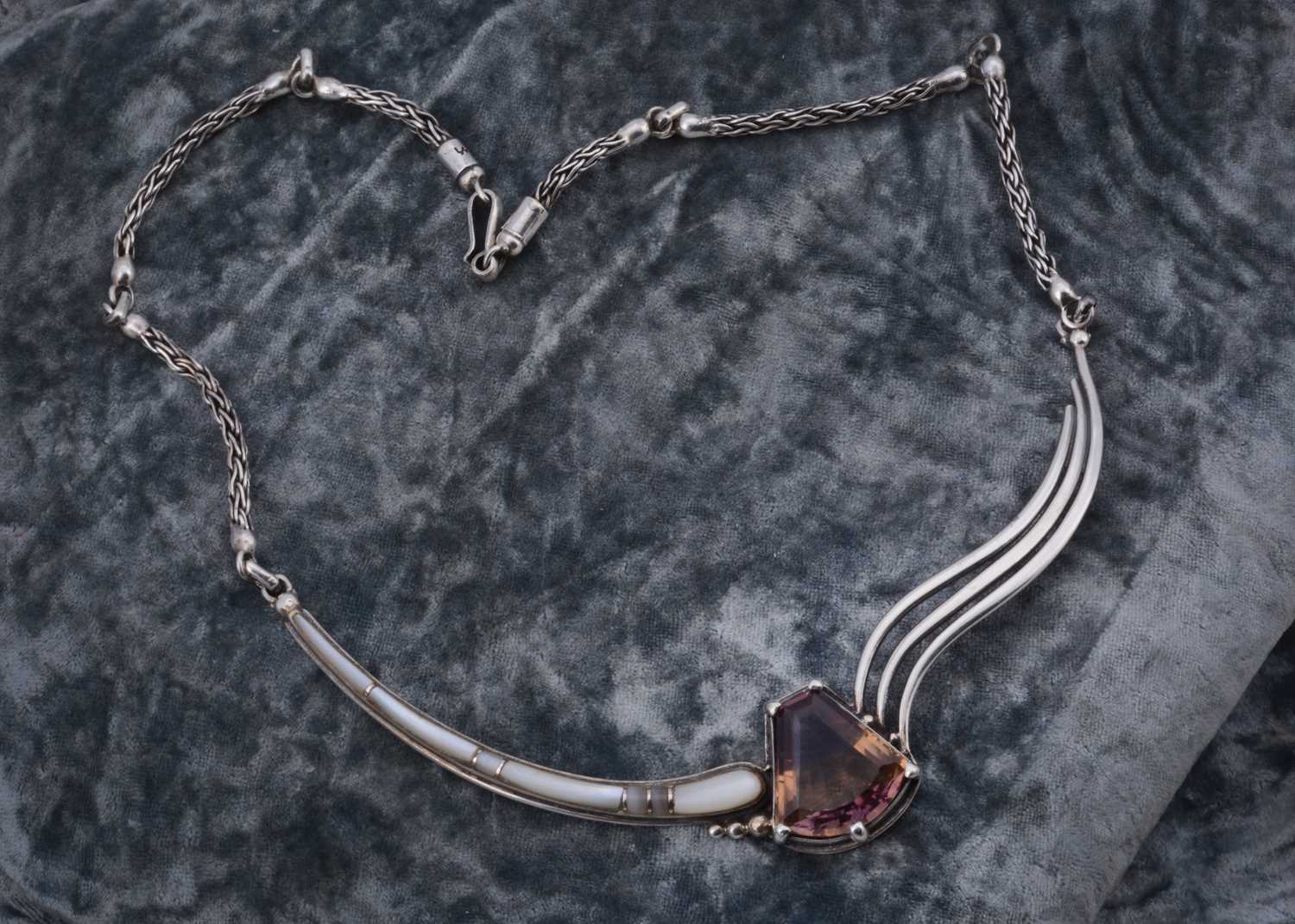 Lot 23 - A continental silver mother of pearl and ametrine necklace
