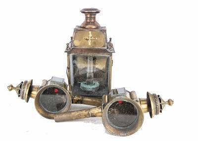 Lot 687 - Pair of Brass Carriage Lamps Reputedly From a Horsedrawn Fire Engine and another Brass and Copper Lantern