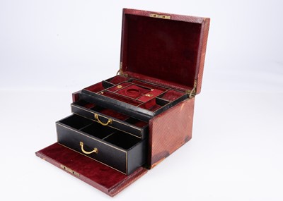 Lot 234 - An early 20th century red leather and velvet lined jewellery box, 30.5 cm by 23 cm by 18 cm