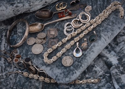 Lot 240 - A silver bangle, silver spoon and a collection of silver jewels
