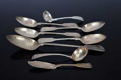 Lot 307 - A group of eight Georgian and Victorian silver fiddle pattern items of cutlery