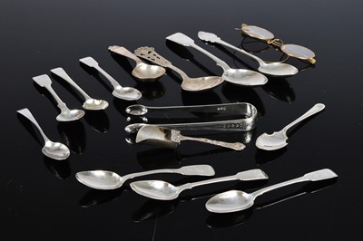 Lot 336 - A group of nine Georgian and later silver spoons and a pair of tongs