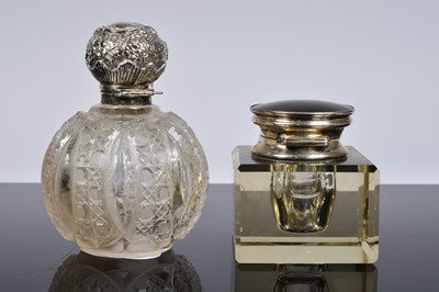Lot 372 - A George V glass inkwell and a cut glass scent bottle